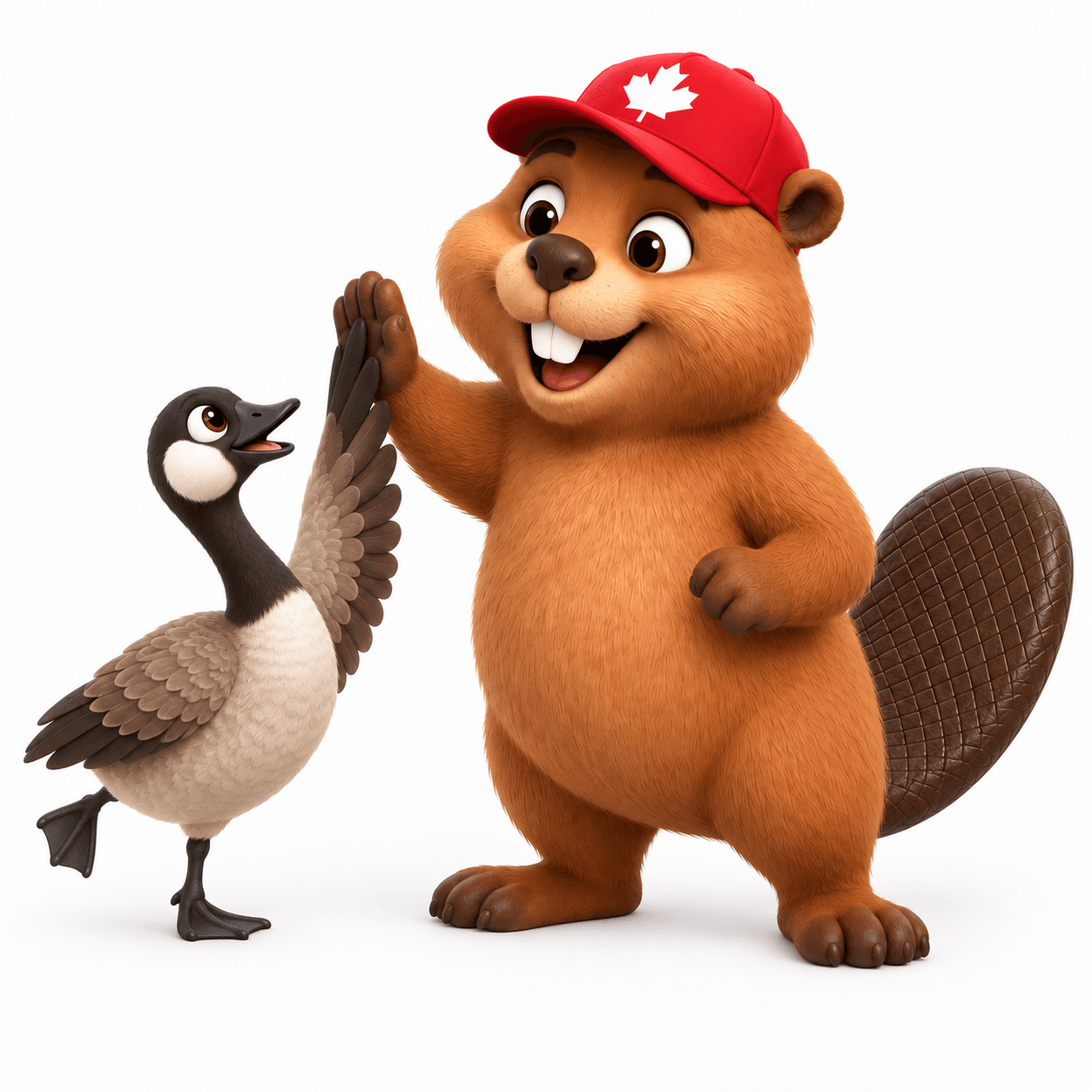The beaver and a Canada goose sharing a high five